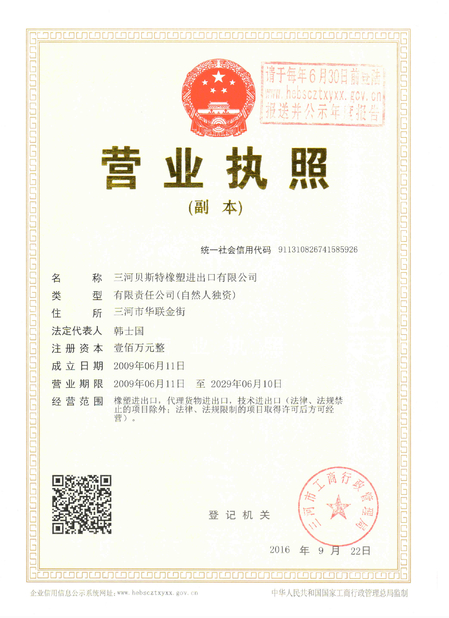 China SANHE 3A RUBBER &amp; PLASTIC CO., LTD. certificaten